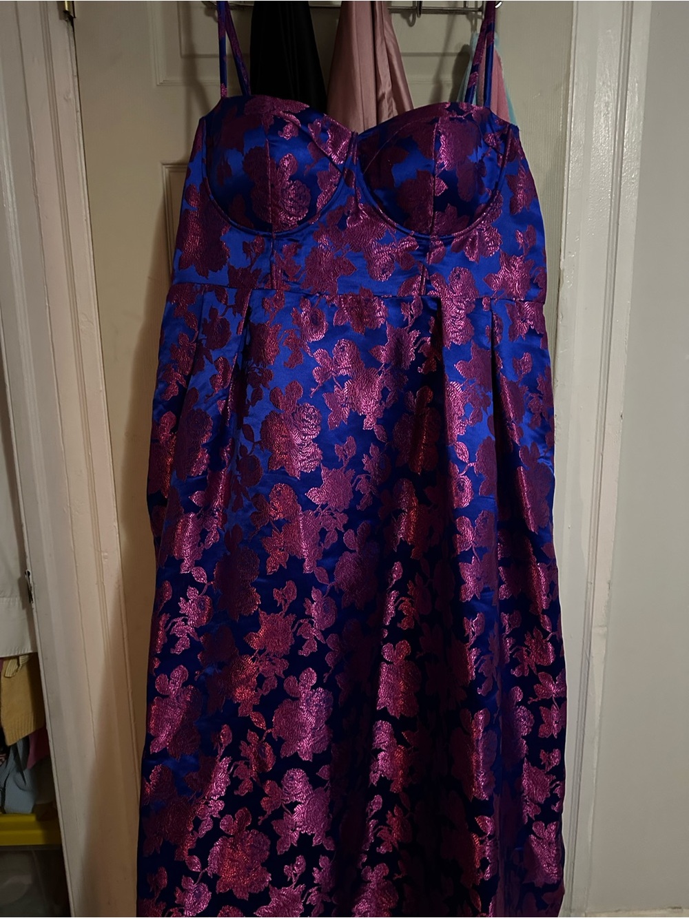 Fashion Nova Blue and Fuchsia Floral Satin Prom Dress